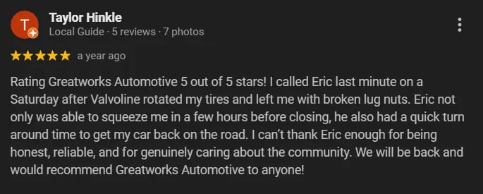 5-star Google review from Taylor Hinkle for Greatworks Automotive praising emergency repair service and honest business practices
