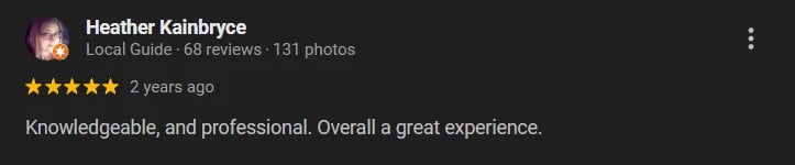 Google review from Heather Rainbryce, local guide with 68 reviews, giving a 5-star rating saying knowledgeable, professional and great experience.