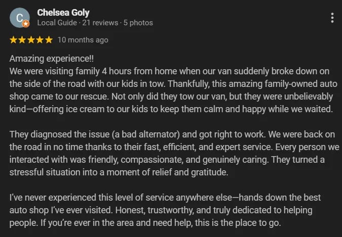 Five-star Google review by Chelsea Goly praising a family-owned auto shop for excellent service and customer care during a roadside emergency.
