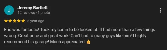 Google review from Jeremy Bartlett with 5-star rating praising a mechanic named Eric for car repairs at an affordable price