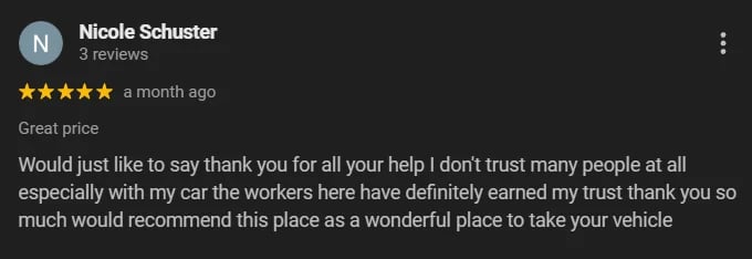 Five-star review by Nicole Schuster praising car service for trustworthiness and excellent help